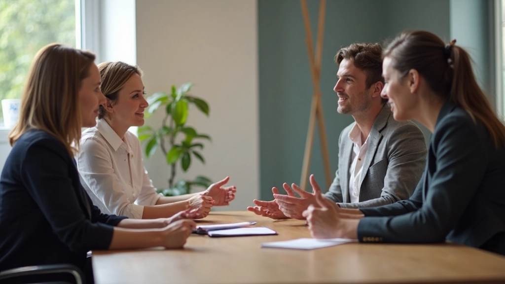 Professionele foto van teamleden die constructief communiceren in een vertrouwensvol kantooromgeving