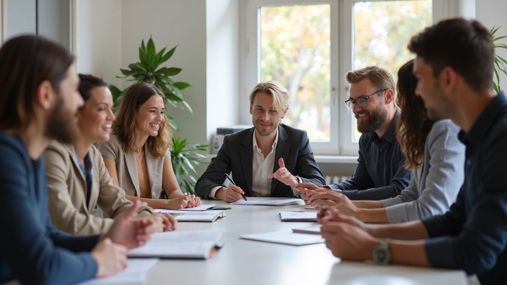 Professionele foto van teamleden die constructieve feedback geven in een moderne werkruimte met open communicatie