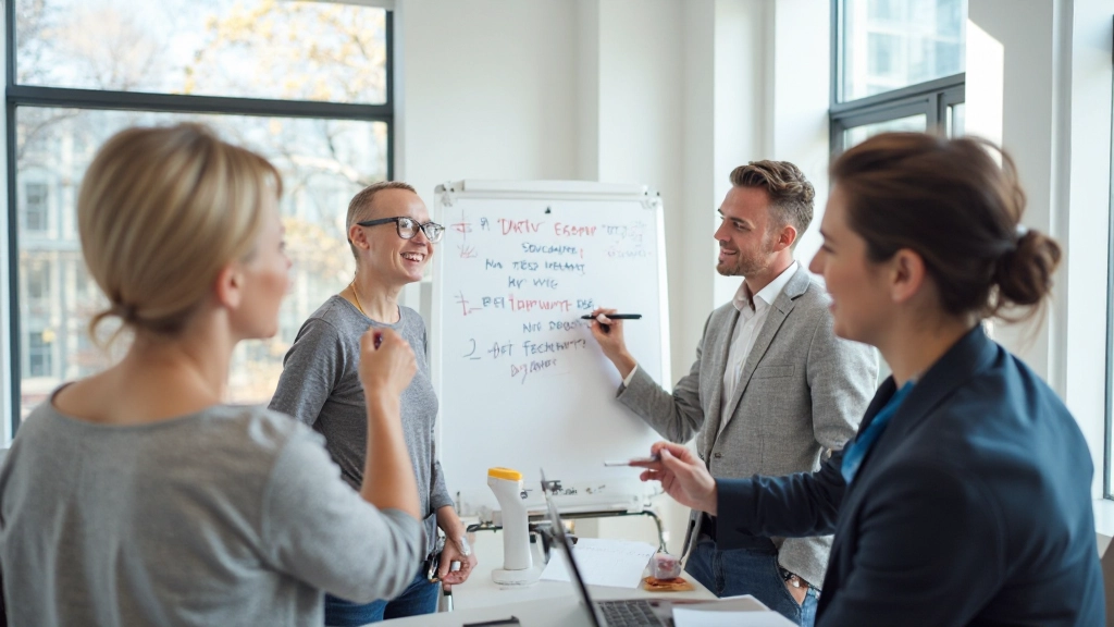 Professionele foto van team dat gezamenlijke doelstellingen op whiteboard schrijft met enthousiasme en samenwerking