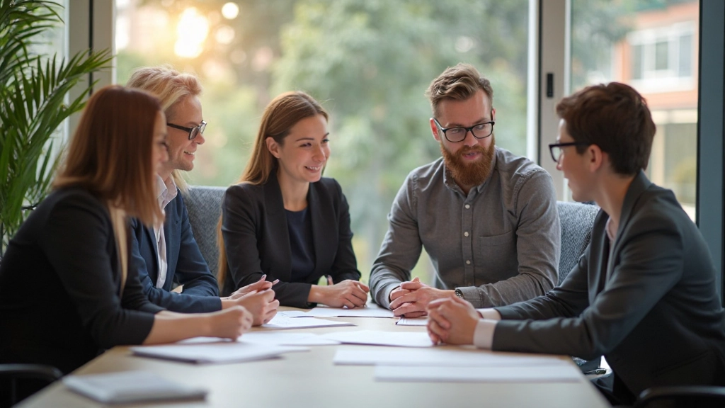 Professionele foto van leiderschapsgroep die samen aan tafel vergadert met positieve samenwerking en wederzijds respect