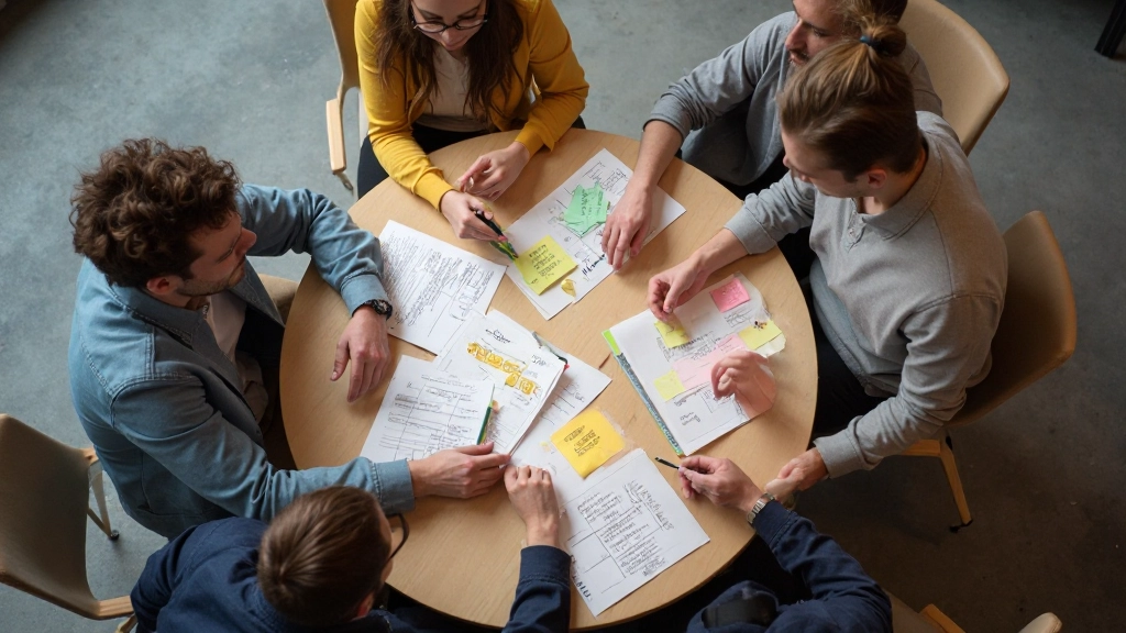 Team brainstorm sessie met betrokken medewerkers rond tafel met notities