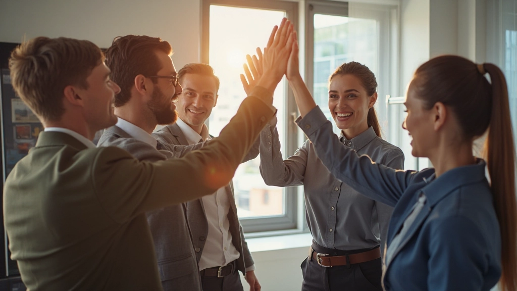 Diverse team viert succes en presteert samen met vertrouwen