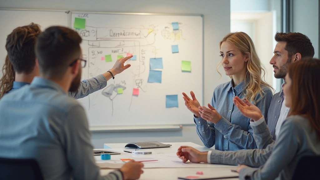 Team in retrospectieve sessie met sticky notes en brainstormbord, collaboratieve verbetering planning