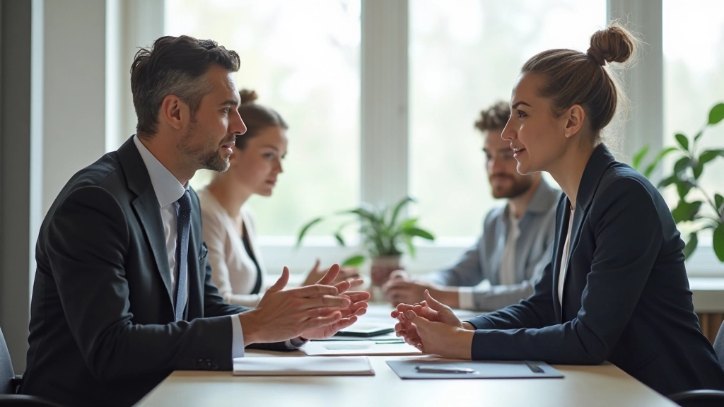 Twee professionele teamleden die attent naar elkaar luisteren in een gesprek, met open lichaamstaal en oogcontact
